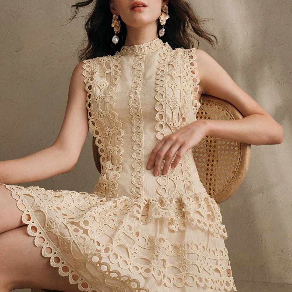 Apricot Elegant Women's French Floral Lace A-Line Collar Sleeveless Crop Dress